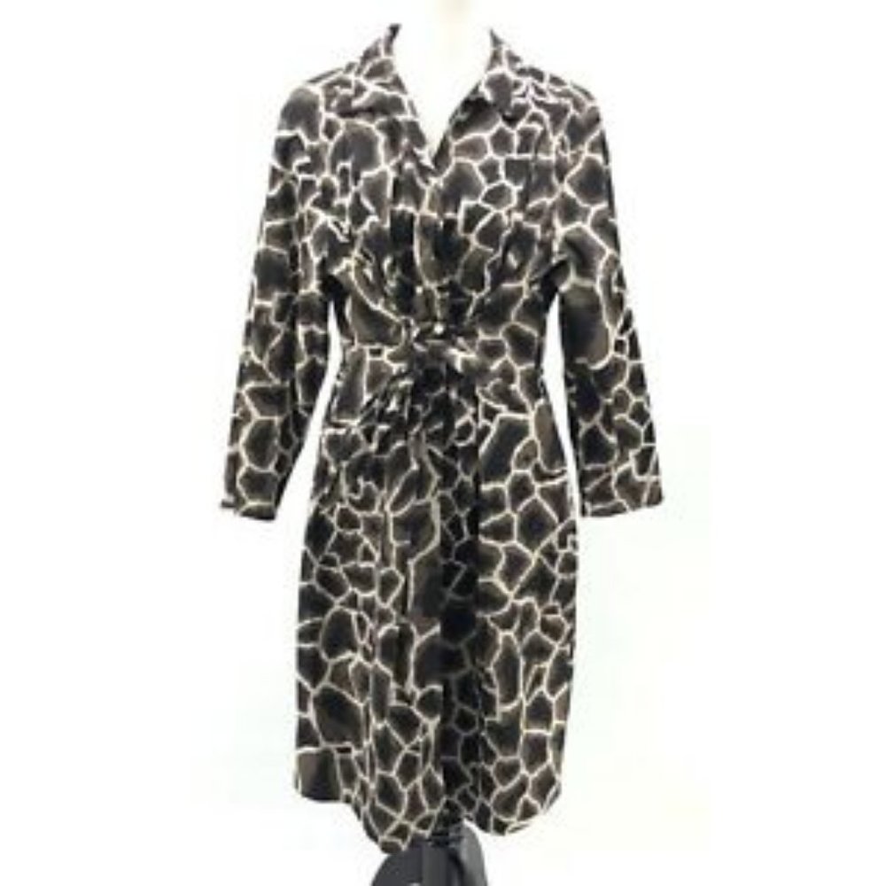 Elie Tahari Silk Animal Print Button Tie Mid Dress
